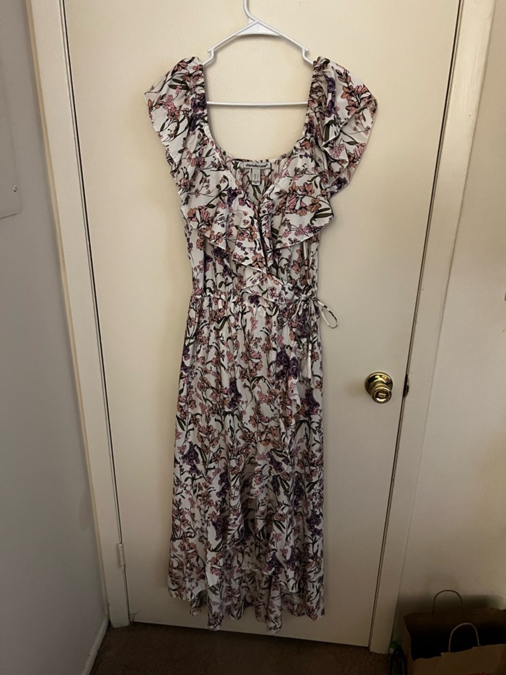 Charlotte Russe Floral Ruffle Maxi Dress in White and Pink